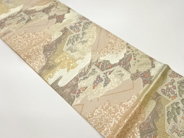 作家物　道長取に草花・屏風・鹿の子模様織出し袋帯